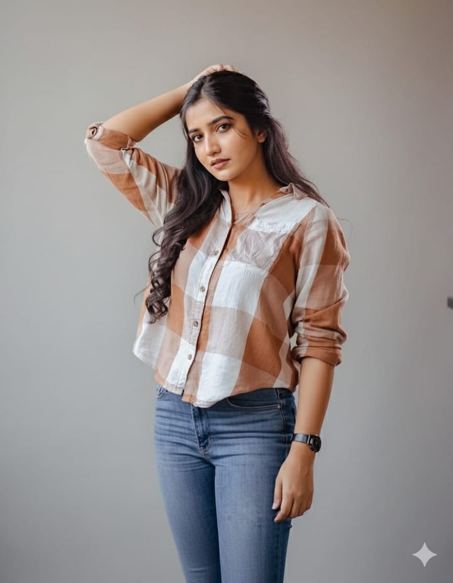 tan checkered button down flannel shirt paired with classic jeans